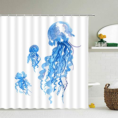 XCBN Cortinas de baño de Medusas Azules, Cortina de Ducha 3D, impresión en el océano, Playa, baño, Tela Impermeable, decoración, Pantalla A4 90x180cm