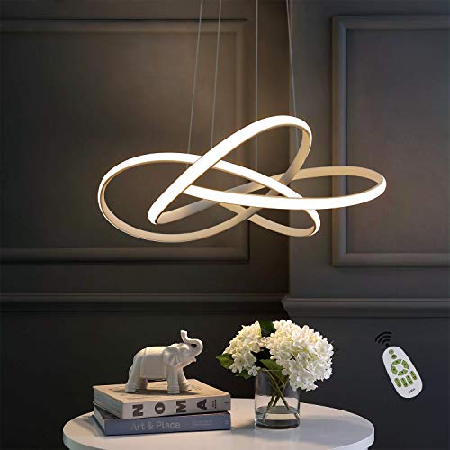 ZMH Lámpara colgante LED para mesa de comedor en color blanco Ø62 CM anillos candelabro salón 68W regulable con mando a distancia regulable en altura iluminación interior restaurante dormitorio