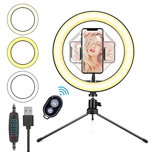 10.2´´ Aro de Luz LED, HOVVIDA 26cm Anillo de Luz para Móvil, 3 Colores, 10 Niveles de Brillo, Ring Light con Control Remoto para TikTok, Selfie, Maquillaje, Video