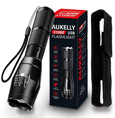 AUKELLY LED Linterna USB Recargable Linternas Alta Potencia Tactica Linterna Militar,Impermeable Linternas,3 Modo,Zoomable,para Ciclismo,Camping,con 18650 Batería Incorporada