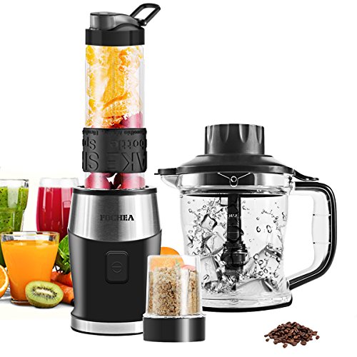 Batidora Vaso Fochea 3 en 1 Multifunción Batidora Smoothie Maker + Picador de Carne Verdura + Molinillo de Café Eléctrico [0.6L + 1.5L + 0.3L] 700W y 24000rpm, Libre de BPA