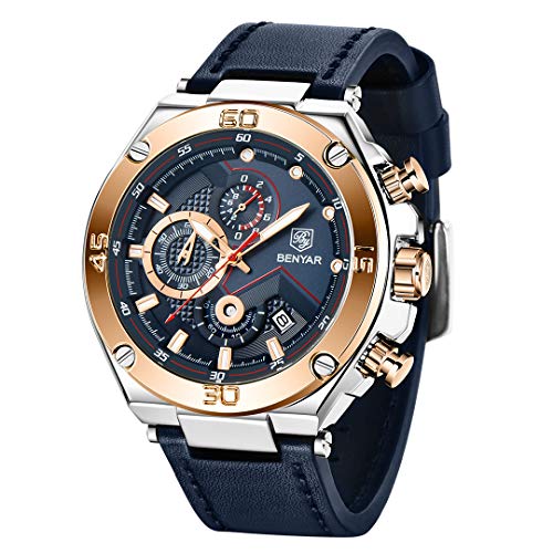 BENYAR Classic Fashion Business - Reloj de pulsera para hombre, diseño de cara grande, correa de piel deportiva casual