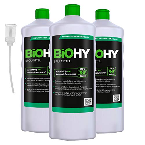BiOHY Lavavajillas a mano (3 botellas de 1 litro) + Dosificador | Libre de fosfatos | libre de químicos dañinos y biodegradables | Adecuado para la restauración, la industria y el hogar (Spülmittel)