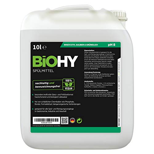 BiOHY Lavavajillas a mano (Bote de 10 litros) | Libre de fosfatos | libre de químicos dañinos y biodegradables | Adecuado para la restauración, la industria y el hogar (Spülmittel)