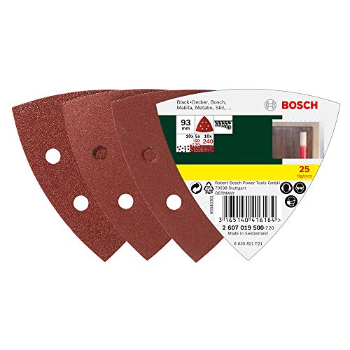 Bosch 2607019500 - Paquete de 25 lijas para lijadoras Delta (93 mm, grano 60, 120, 240)