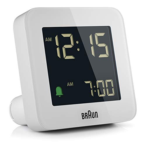 Braun BC-09-W - Reloj despertador digital display LCD, función snooze, luz fundo, pantalla 12/24 horas, pantalla fácil lectura, color blanco mate