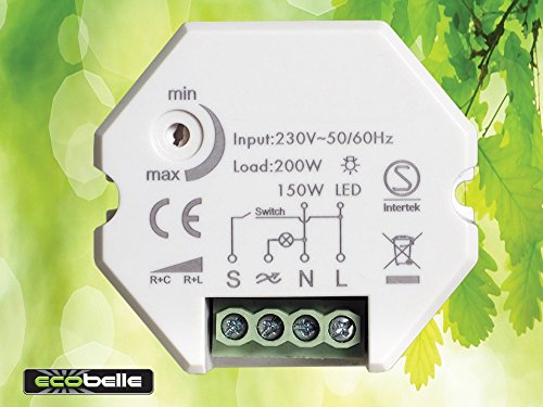 ECOBELLE® Smart Dimmer/Regulador de intensidad por bombillas LED (max 150W) y iluminación tradicional (max 200W), 1-200W, Traling Edge