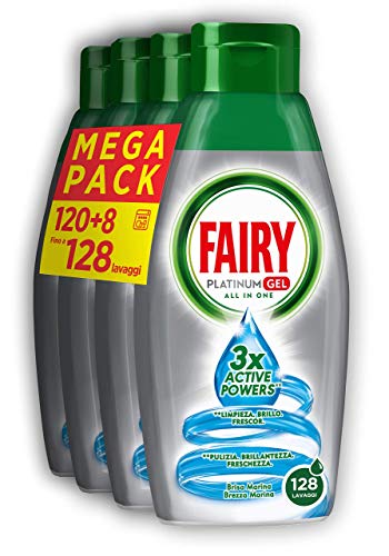 Fairy Platinum Gel Detergente para lavavajillas todo en 1, formato maxi 4 x 650 ml, Sea Breeze, 128 lavados