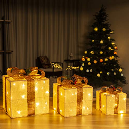 GIGALUMI Juego de 3 cajas de regalo iluminadas Cajas LED preiluminadas con luces LED blancas cálidas Paquetes navideños con oropel y lazo para decoración navideña
