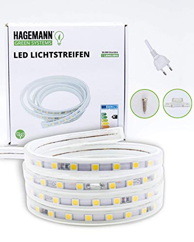 HAGEMANN® - Tira de luces LED con enchufe - IP65 5050 - Tira de LED 230 V (9 metros, blanco neutro)