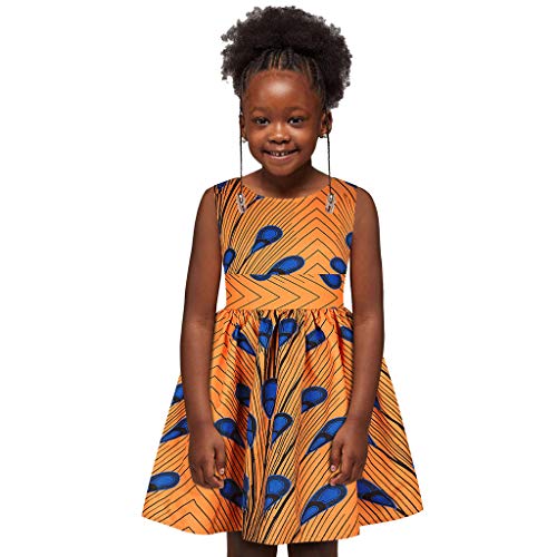 Janly Liquidación Venta Vestido de niña para 0-10 años, niña africana Dashiki 3D impresión digital sin mangas vestido de princesa para niños de 9-10 años (naranja)