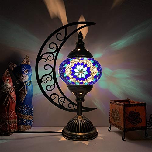 Lámpara retro de la luna turca Tabla, Bohemia marroquí mosaico lámpara de escritorio for Bar Café, Luz 35cm LED 8W noche, la cabecera de la decoración de la lámpara (Color : Drill blue)