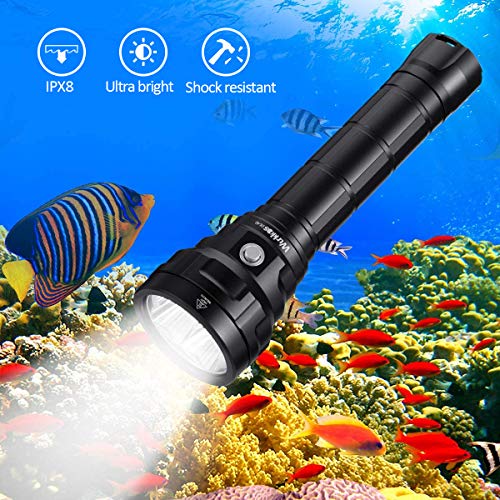 Linterna de Buceo Wurkkos DL40, Linterna de buceo con 5000 lúmenes. Resistencia al agua IPX8, 4 x Samsung LH351D(5000K) 90 Cri LEDs, Linterna de submarinismo con 2 x 26650 baterías y cargador