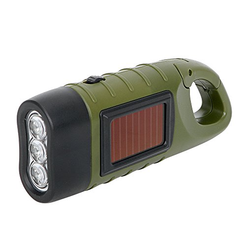 Linterna LED iTimo, con carga solar y manual, luz de emergencia para exteriores, linternas portátiles para campamentos, con gancho a presión para colgarlas, verde y negro