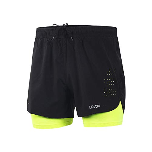 Lixada Hombres Pantalónes Cortos de Running 2-en-1, Pantalones Cortos de Atletismo, Pantalones Cortos de Fitness Maratón, Transpirable Pantalones+Secado Rápido (Verde, L)