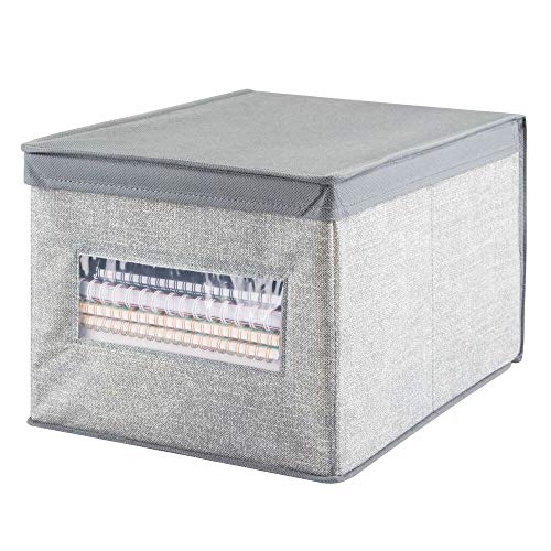mDesign Organizador de escritorio – Caja organizadora grande con tapa para lápices, libretas y otros artículos – Caja para organizar con ventana transparente – gris