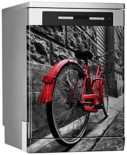 MEGADECOR Vinilo Decorativo para Lavavajillas, Medidas Estandar 67 cm x 76 cm, Bicicleta Roja Vintage Retro en la Calle de Adoquines en el Casco Antiguo