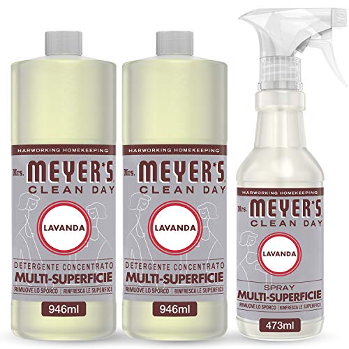 MRS MEYERS Clean Day - Set de limpieza (1 spray multisuperficie) + 2 limpiador concentrado multisuperficie, aroma a lavanda, productos creados con aceites esenciales, 1 x 473 ml + 2 x 946 ml