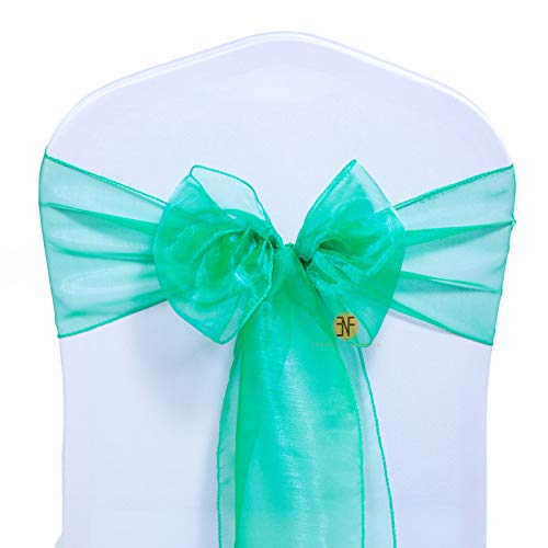 Paquete de 100 Silla Organza Completo Lazo Bandas - Semi-Transparente Tela Cubiertas con Minimal Sheen - Adecuado para Banquetes Bodas,Recepciones,Celebraciones, y Eventos | Verde