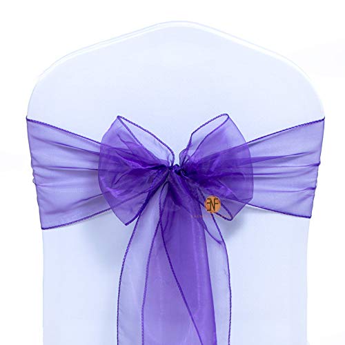 Paquete de 100 Silla Organza Completo Lazo Bandas - Semi-Transparente Tela Cubiertas con Minimal Sheen - Adecuado para Banquetes Bodas,Recepciones,Celebraciones, y Eventos | Cadbury Purple