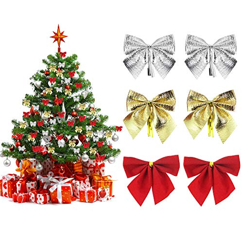 PERFETSELL 36 Pcs Moños Navideños Lazos para Arbol de Navidad Decoracion Arbol Navidad, Lazos Navideños para Puerta, Arcos de Navidad para Corona de Navidad, Boda, Fiesta, Regalo (Rojo Dorado Plata)