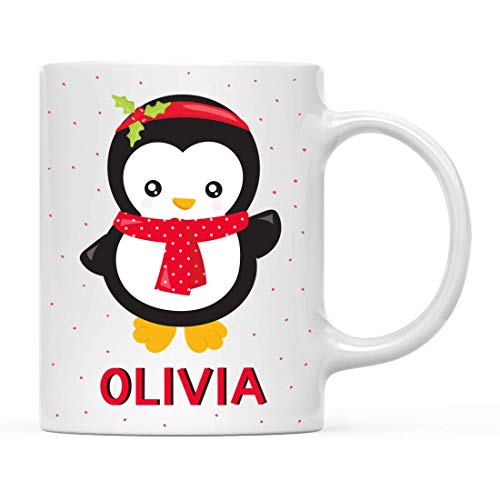 Personalizado 11oz. Taza de chocolate caliente con leche para niños, pingüino bebé de pie con bufanda roja y cinta de acebo roja, 1 paquete, taza de café de Navidad personalizada para cumpleaños infan