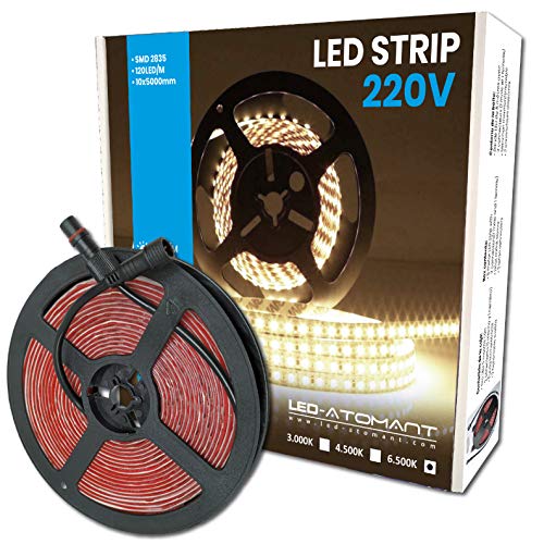 Rollo de 5 metros de Tira de Luz LED Directa a 220v. Color Blanco Frio (6500K). Impermeable. Corte cada 10cm. A++ Rollo de 5 metros de Tira de Luz LED Directa a 220v. Color Blanco Frio (6500K). Impermeable. Corte cada 10cm. A++