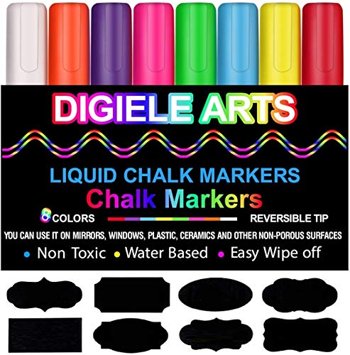 Rotuladores de Tiza Líquida, DIGIELE 8 Llamativos Colores con 32 Etiquetas Reusables, Punta Reversibles 6mm, Borrado en Paño Seco o Húmedo, para Pizarras, Restaurantes, Ventanas o Cristal Rotuladores de Tiza Líquida, DIGIELE 8 Llamativos Colores con 32 Etiquetas Reusables, Punta Reversibles 6mm, Borrado en Paño Seco o Húmedo, para Pizarras, Restaurantes, Ventanas o Cristal