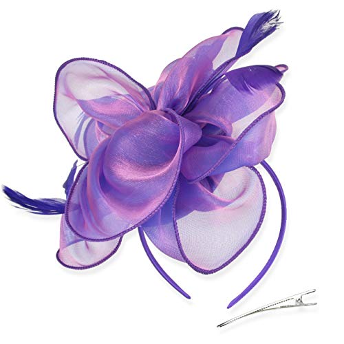 Sombrero del Coctel de la Fiesta del té, Gorros Flor de Malla Organza Cintas Plumas en una Diadema y un Clip de Horquilla for niñas y Mujeres zcaqtajro (Color : Purple, Size : 8.2 Inch)
