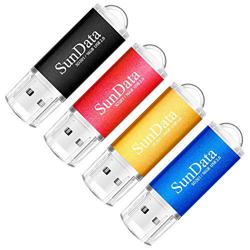 SunData Memorias USB 4 Piezas 16GB PenDrives 16GB Unidad Flash USB2.0 Pen Drive con Luz LED (4 Colores: Negro Azul Rojo Oro)
