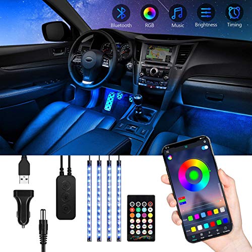 Tira Led Coche Bluetooth, TASMOR Luces Led Coche con 48 Led RGB 5050 Impermeable, Ambiente Luz Interior de coche Controlado con APP, Mando para Decoracion