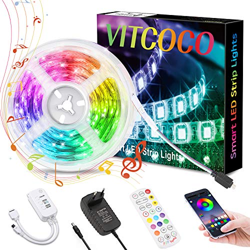 VITCOCO 5M Tira LED Bluetooth, LED Strip 5050 RGB de Impermeable Flexibles Multicolor 300 LEDs Strip Con Mando a Distancia y Adaptador Corriente Para TV/Fiestas