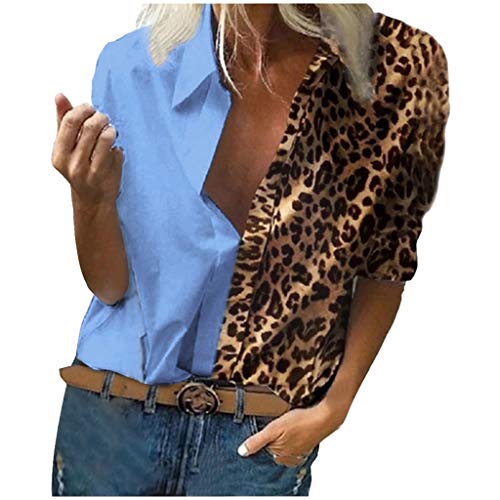 YANFANG Camiseta Mujer Moda Estampada,Blusa Casual con Estampado de Leopardo para Mujer, Camisa de Manga Larga con Botones Tops Blusas Sudadera