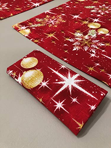 1KDreams - Mantel de Navidad Fondo rojo, bolas, estrellas y hojas doradas. Diseño clásico en clave moderna.