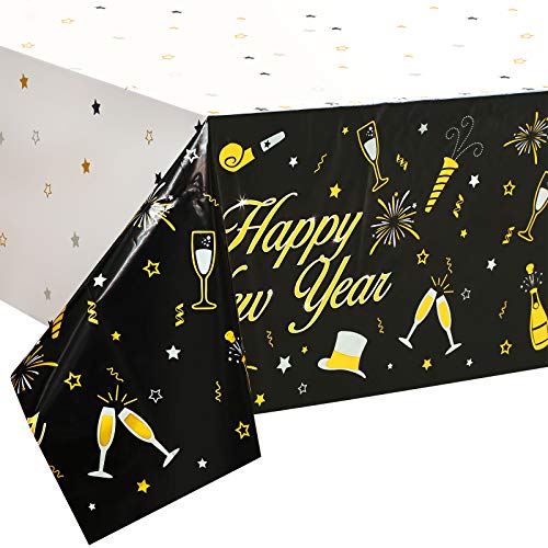 3 Manteles Cubiertas de Mesa de Happy New Year Cubiertas de Mesa Desechables de Plástico Negro y Dorado Bandera de Año Nuevo para Suministros Decoración de 54 x 108 Pulgadas