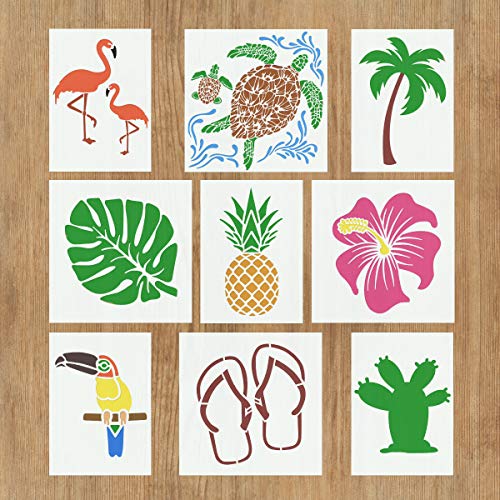 9 plantillas tropicales hawaianas para pintar sobre suelo de madera DIY Art Craft – Flamingo piña cactus hibisco hojas palmeras tortuga tucan zapatillas