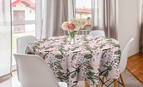 ABAKUHAUS Aloha Mantel Redondo, Frangipani Flores Disposición, con Estampa Digital Lavable No Destiñe Durable y Resistente, 150 cm, Blush Multicolor