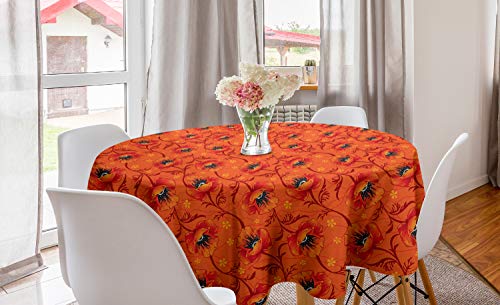 ABAKUHAUS Naranja Mantel Redondo, Flor de la Amapola Romance, para Comedor Cocina o Sala de Estar con Estampa Digital Decorativa, 150 cm, Quemado Naranja Amarillo