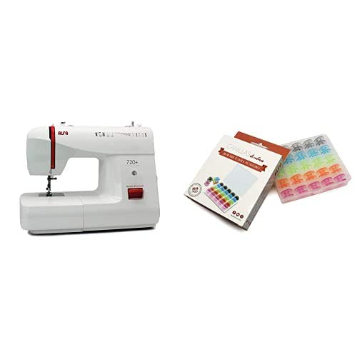 Alfa Basic 720 Máquina de coser, 9 diseños de puntada, motor de 70 W, color blanco + 6050-Caja 25 canillas Colores, Multicolor