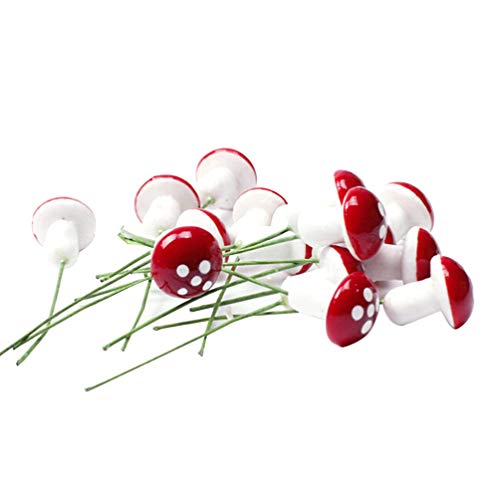 Amosfun - Mini setas de mosca en el alambre para manualidades, color rojo seta de la suerte en miniatura, jardín de hadas, macetas, bonsai, decoración de paisaje, 10 unidades