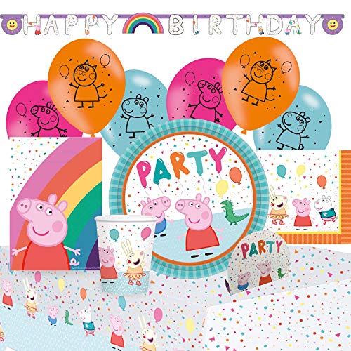 amscan 9907561 Peppa-Juego de 8 Platos de 23 cm, 8 Vasos, 16 servilletas de 33 x 33 cm, Mantel de 120 x 180 cm, Guirnalda de 250 ml, 8 Bolsas de Papel, 8 Invitaciones, 6 Globos de látex de 22,8 cm