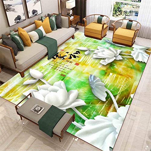 AU-SHTANG Alfombra Pasillo Moderna Alfombra de diseño de patrón de Loto Blanco, Alfombra Oriental alfombras Dormitorio pie de Cama -Verde_Los 80x160cm
