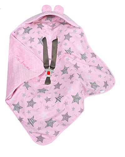 BlueberryShop manta de viaje para asiento de coche de bebé de forro polar suave con capucha, bordada, para niños de 0 a 4 meses, 78 cm x 78 cm rosa/Estrellas rosa