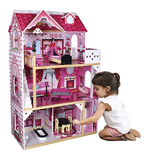 Calma Dragon Casa de Muñecas W06A101, de Madera con Muebles Incluidos, Mansion para muñecas, 3 Pisos para muñecas de 30cm, con Ascensor y 11 Accesorios.