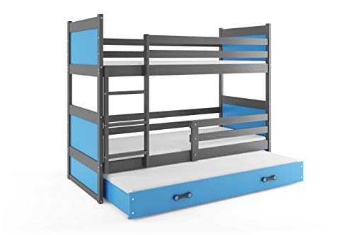 Cama litera infantil TRIPLE, RICO, 200x90, con somieres, colchones de espuma y cajón de REGALO! GRIS- AZÚL Cama litera infantil TRIPLE, RICO, 200x90, con somieres, colchones de espuma y cajón de REGALO! GRIS- AZÚL