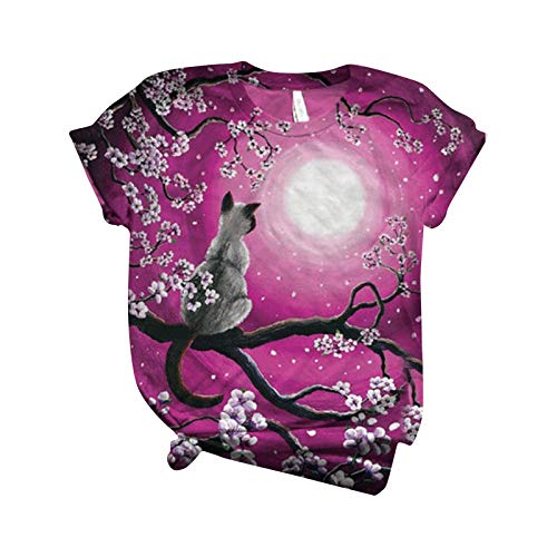 Camiseta de manga corta para mujer a la moda, estampada de luna de ramas de gato de noche de verano