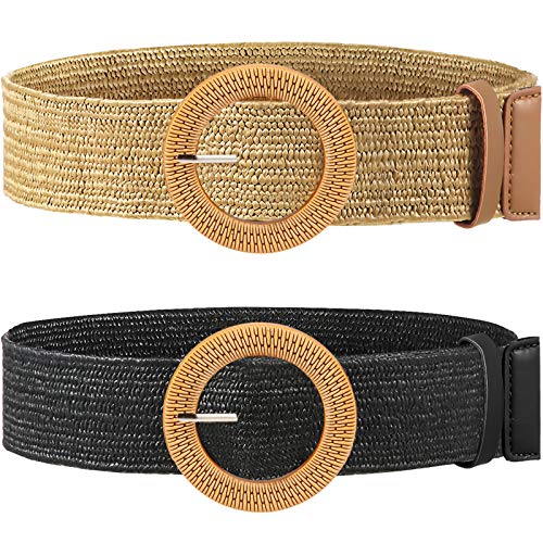 Cinturón elástico trenzado de paja con hebilla de estilo madera para mujer, 2 unidades - Multi color - M Cinturón elástico trenzado de paja con hebilla de estilo madera para mujer, 2 unidades - Multi color - M