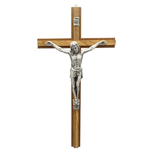 Crucifijo moderno de madera de olivo con estructura de metal plateado de 30 x 16 cm Crucifijo moderno de madera de olivo con estructura de metal plateado de 30 x 16 cm