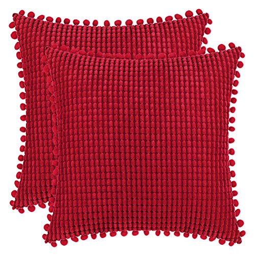 DEZENE 40x40cm Fundas de Almohada Decorativas con Pompones - Rojo Cuadrado Paquete de 2 Fundas de Cojín de Granos de Maíz Grande a Rayas de Pana para Sofá de Granja