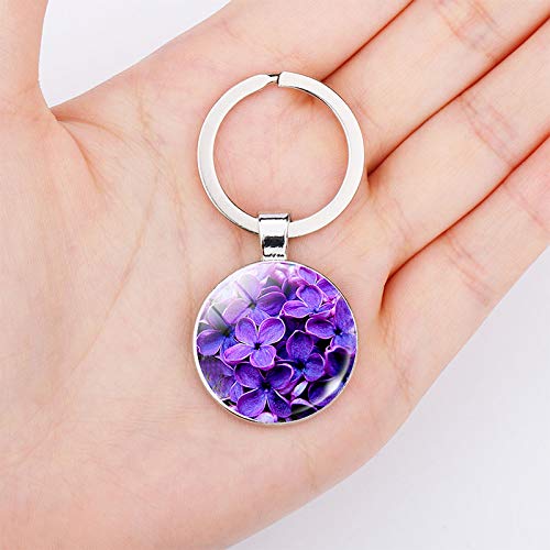 DFGHU Llaveros Flor Púrpura Foto Creativa Moda Llavero Flor Azul Colgante Domo De Cristal Natural Llavero Plata Metal Regalo